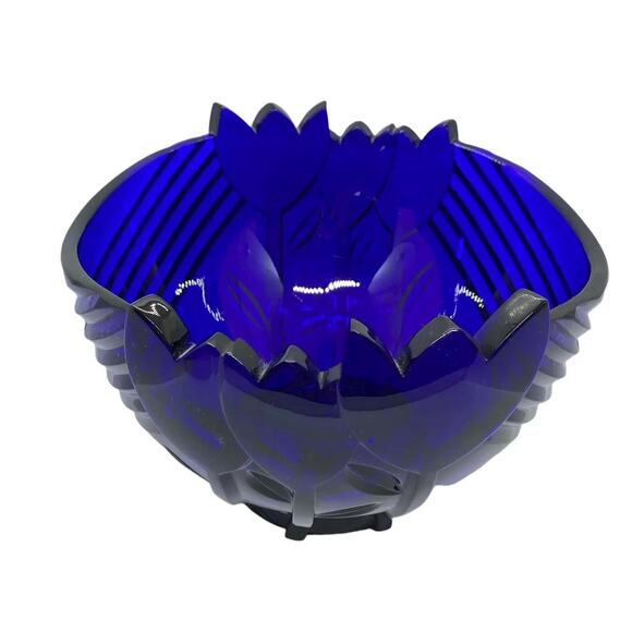 Vintage Cobalt Blue Art Deco Centerpiece Bowl With Tulip Design - Picture 3 of 10